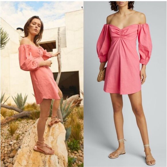 A.L.C. Mila Mini Dress Stretch Linen 2 Lychee Off Shoulder Puff Sleeve Smocked - Picture 1 of 16